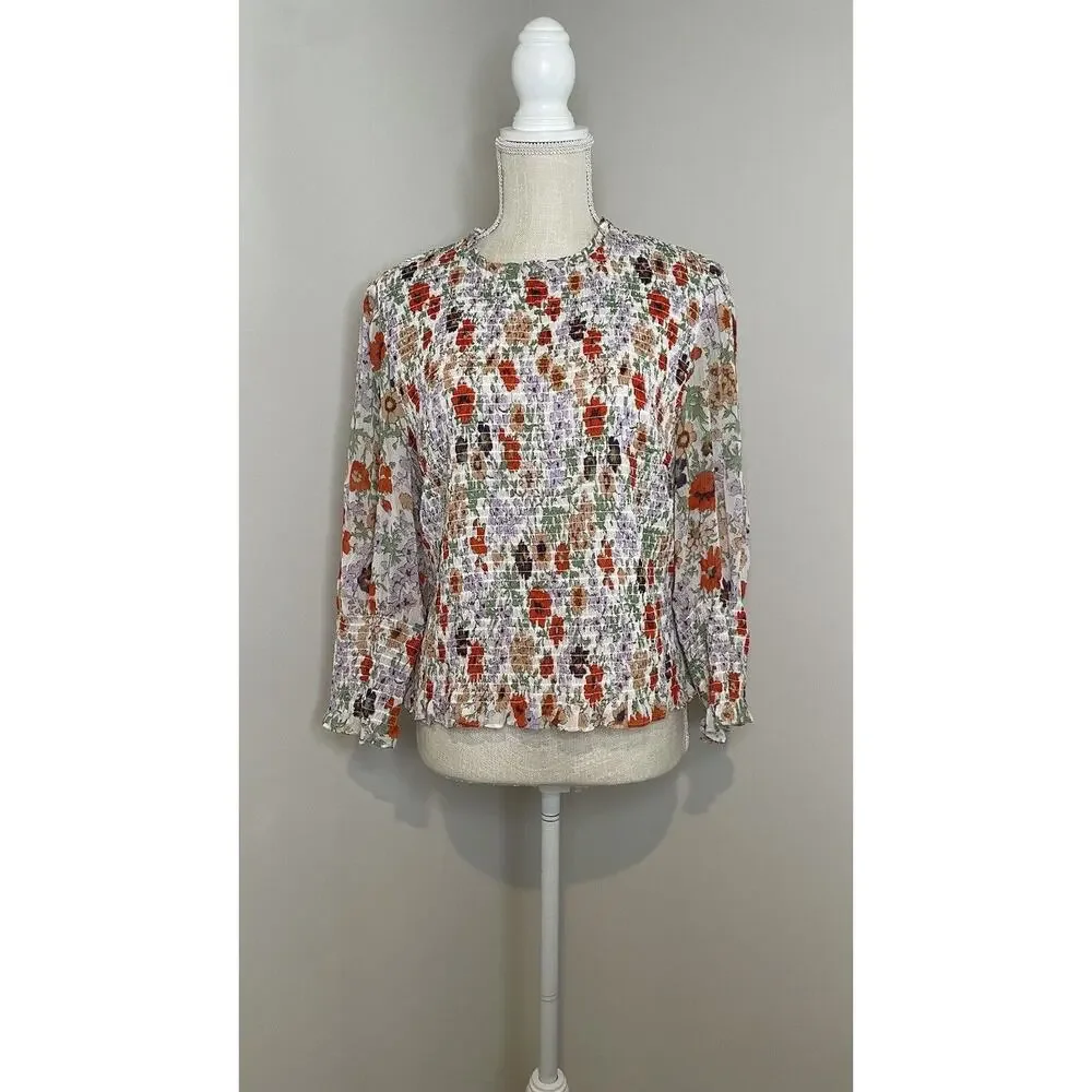 Veronica Beard Kali Top Multicolor Floral Print Smocked Spring Designer Size 10 - Picture 1 of 12